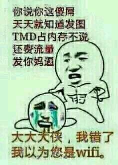 你说你这傻屌，天天就知道发图，TMD占内存不说，还费流量发你妈逼，大大大侠，我错了，我以为您是wifi。